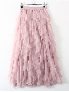 Skirts 2023 Summer Tulle Long Skirt Women Cute Pink High Waist Pleated Mesh Female Dress