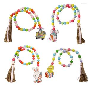 Flores decorativas 4 peças Garland de miça de madeira de Páscoa com Tassels Farmhouse Rustic Spring Beads Oração Boho para decoração