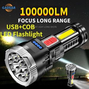 Flashlights Torches LED Flashlight COB Outdoor Portable USB Rechargeable Battery Torch Lantern Strong Light Long Range Waterproof Hiking Camping P230517