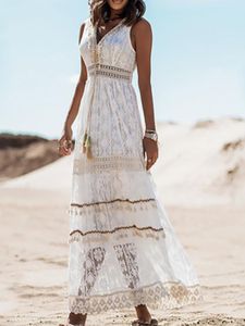 Dress Boho Dress Women Summer Sleeveless Dress Female Solid Lace V Neck Sundress Ladies Hollow Out Beach Dress Vestidos De Mujer