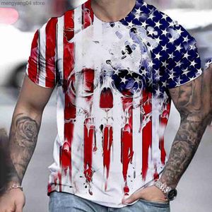 Men's Skull American Flag Print oversized t shirt men - Round Neck Short Sleeve Independence Day 4th of July Flag Top with Loose Patriotic 3D Design (T230517)