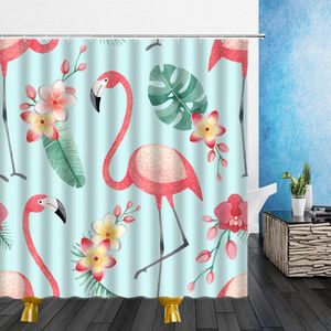 Duschgardiner Animal Pink Flamingo Tropical Plant Mönster 3D Vattentät polyesterduk Badrumdekor med krokar