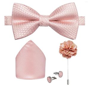 Bow Ties Men's Pre-tied Tie Silk Pink Woven Bowtie With Knot Cufflinks Hanky Brooch Set For Wedding Party Man Suit Accessories