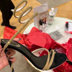 Kristaller süslenmiş rhinestone topuklular sandallar rene caovilla cleo 95mm tasarımcılar ayak bileği sarar kadınlar yüksek topuklu sandal çiçek akşam sh3gd