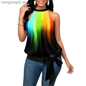 Damen-Tanks, Camis, 3D-Digitaldruck, ärmellos, T-Shirt-Oberteil, Damen-Sommer-Tanktops mit Regenbogen-Streifendruck, seitliche Schleife, große Größe, sexy Oberteil mit hängendem Hals, T230517