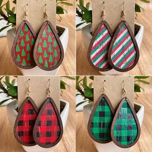 Dangle Earrings Christmas Tree Bark Wood Frame Plaid Star Polka Dot PU Leather Vintage Waterdrop For Women