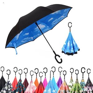 10pcs Folding Reverse Umbrella 52 Styles Double Layer Inverted Long Windproof Rain Car C-Hook Handle Umbrellas