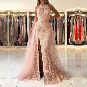 2023 Sexiga balklänningar Juvelhals Blush Pink Full Lace Appliques Illusion Mermaid Side Split aftonklänning plus storlek Festklänningar för afrikanska kvinnor överskjorta
