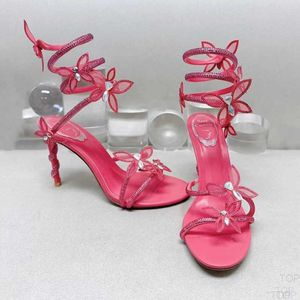 Sandalet yüksek topuklu ayakkabılar sandal lüks tasarımcı kristal ayak bileği kayış sargısı 10mm moda stiletto topuk kadın için rene caovilla 35-43h3g