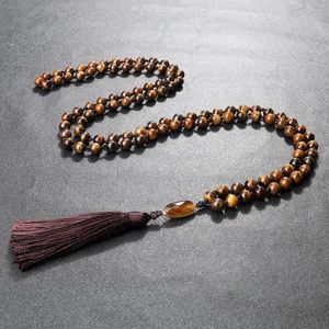 Pendant Necklaces Tiger Eye Stone Braided For Women Men Handmade Knotted Beaded Rectangle Mala Beads Yogo Fashion Jewelry Gift