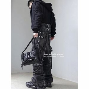 Mens Jeans Firmranch Double Wear Raver flera fickor Laceup för män Kvinnor överdimensionerade tvätt gamla baggy denim byxor hög kvalitet 230516