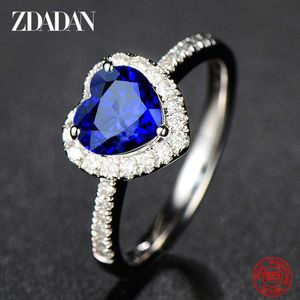 Anéis de banda Zdadan 925 Sterling Silver Heart Blue Gemstone Rings for Women Wedding Jewelry Fashion Presente J230517