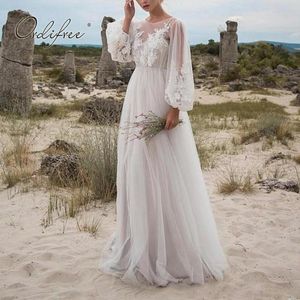 Dresses Ordifree 2022 Summer Women Long Tulle Dress Long Sleeve Embroidery Wedding Vocation Sexy White Lace Maxi Tunic Beach Dress