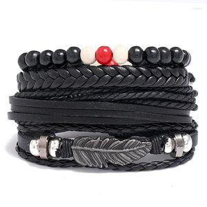 Link Bracelets Modyle Feather Multilayer Leather Bracelet Black White Charms Beads For Men Vintage Punk Wrap Wristband