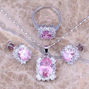 Brincos de colar Set Set Pink Branco Cz Pingado Silver Pingente Tamanho 6/7 8 9 10 S0084