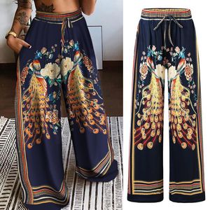 Frauenhose Capris Boho-Stil lose Frauen mit breitem Bein Vintage Phoenix gedruckte lässige Mid Elastic Taille Overalls Hawaii Strandhose