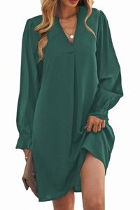 green Split V Neck Ruffled Sleeves Shirt Dress 24sG#