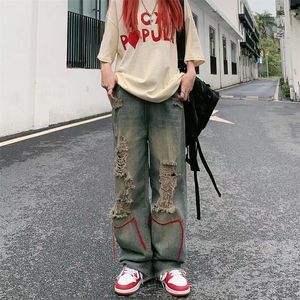 Jeans Hole Trend Girl Denim Straight Pants Y2K Hiphop High Street Retro Hot Hig Midje Baggy Wide Leg Jeans Woman