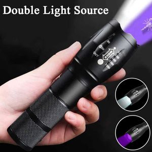 مشاعل الأشعة الأرجواني الأبيض المزدوج مصباح يدوي LED ULTRAVIOLET TORCH ZOOM قابلة للسحب مصباح يدوي مصباح الفلورسنت الكشف عن مصباح يدوي P230517