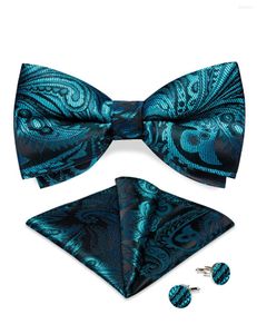 Bow Ties Luxury Blue Black Pre-bundna slips och näsduk manschettknappar för människan bröllop affärsmodemän bowtie paisley knop