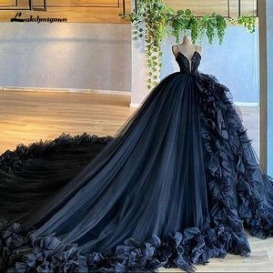 Gothic Black puffy skirt Wedding Dresses V Neck Halloween Christmas Dress Spaghetti Straps Tulle with 3D Flower brial gown