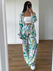 Women's Two Piece Pants Fashion printing pant suit spring autumn fashion street clothes women wide leg pants shifting casual shirts set of two pieces P230516