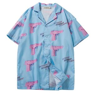 Men's Casual Shirts ZhuZunZhe 2023 Turn-down Collar Men Summer Hawaii Style Pink Gun Print Streetwear Hip Hop Short Sleeve ShirtMen's