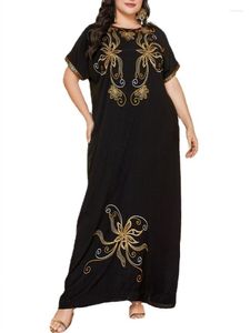 Ethnic Clothing Black Muslim Dress Women Summer Vintage Embroidery Beaded Short Sleeve Long Dresses Ramadan Abaya Loose Robe Kaftan Ropa