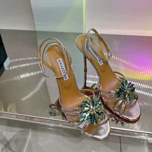 여름 브랜드 여성 Tequila Sandals 신발 Aquazzuras High Heels Lady Pumps Crystal-vellished Dress 신부 웨딩 검투사 Sandalias EU35-41 상자와