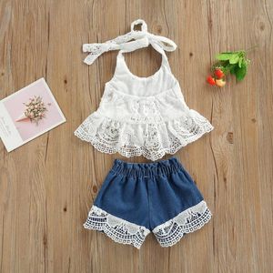 Kläder sätter mode barn baby flickor sommarkläder ärmlös halter spets virkning tank toppar rippade denim shorts flicka