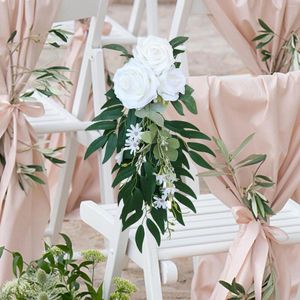 Decorative Flowers Chair Back Artificial Flower Olive Leaves Floral Ribbons Aisle Decoration Rose For Wedding Bench Ornaments