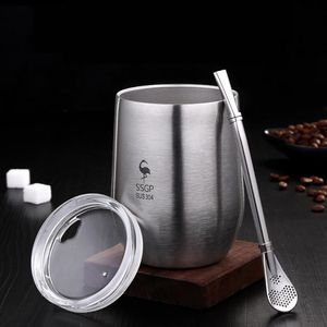 Wine Glasses Yerba Mate Tea Cup Double Wall 304 Stainless Steel Cup With Lid Heat Resistant Portable Tea Mug With Straw And Brush 230516