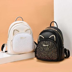 Backpack Diamond Sequin Women Backpack 2022 Rhinestone Lovely Cat Women Female Leather Backpack Korea Dualuse Shoulder Bag Mochilas J230517