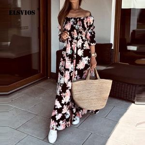 Klänning mode blommig tryck ruffle maxi klänningar sommar sexig av axel bohemisk strand klänning kvinnor avslappnad snedstreck hals vestidos