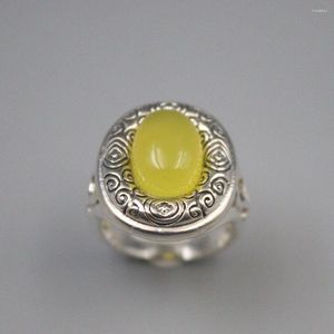 Cluster Ringe Solide Reine S925 Sterling Silber Gelb Chalcedon Band Frauen Ellipse Runde Figur Ring 22mm US6-US8