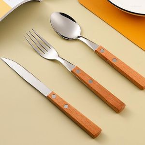 Dinnerware Sets 1pc Wooden Handle Cutlery Stainless Steel Luxury Home Knife Fork Spoon Tableware Kitchen Complete