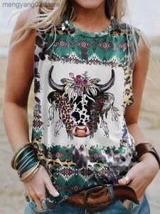 Women's Tanks Camis Aztec Geometric Bleached Cow Tank Top Women Vintage Western Sleeveless T-shirt Leopard Cattle Floral Feather Print Streetwear T230517