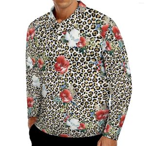 Polo da uomo Polo con stampa leopardata dorata Primavera Camicia casual floreale rossa bianca Colletto a maniche lunghe Fashion Design T-shirt oversize