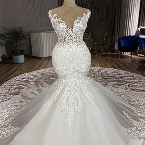 2021 Mermaid Wedding Dress Chapel Train 3D Applicies Jewel spets brudklänningar anpassade Vestidos de novia304v