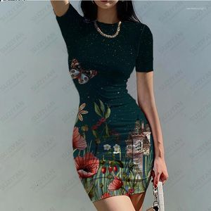 Платья для вечеринок 2023 Летнее женское платье 3D -печать градиент цветочный темперамент сексуальный гавайский стиль узкий круглый круглый рукав с коротким рукавом