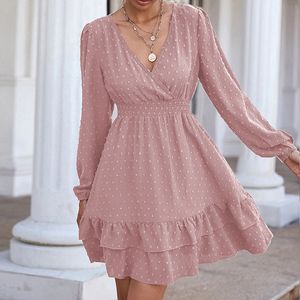 Casual Dresses Party Womens Spring and Autumn Pink A Line Chiffon Fashion V Neck Midje Ruffle Woman Edging Lantern Long Sleeve 230517