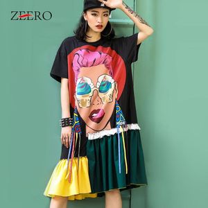 Dress Women Fashion Cartoon Face Applique Summer Streetwear Dresses Contrast Color Casual Tassel Tshirt Midi Dress Vestidos