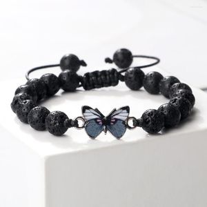 Strand handgjorda naturliga stenarmband charmiga fjäril pendellkvinnor svart lava onyx agates pärlad armband armband par yoga smycken