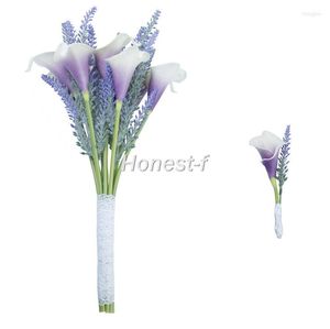 Dekorativa blommor handband konstgjorda flockade lavendeler calla lily bukett med män brudgum corsage för bröllop hemmakontor arrangemang dekor