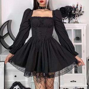 Elbise Egirl Siyah Gotik Lolita Elbiseler 90'lar Vintage Grunge Dantelup Elbise Uzun Puf Puf Sleep Peri Punk Stil Goth Kawaii Elbiseler Kadın