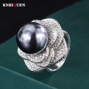 Band Rings Charms 14MM White Blk Big Pearl Adjustable Flower Rings for Women Lab Diamond Cocktail Party Fine Jewelry Elegant Female Gift J230517
