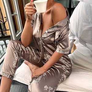 Women's Sleepwear Pyjama Femme 2 piece set Women's Short Sleeve Pajamas Autumn Satin Silk Trousers Suit Pyjamas Set Pjs Mujer Pijama Sleepwear 230517