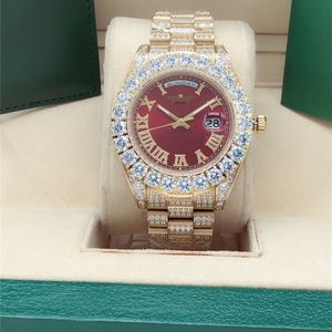 Full Diamond Watch 218238 Big Diamond Bezel 43 mm Roman Dial Yellow Gold Men Men's 2813 Automatyczne mechaniczne zegarki mechaniczne Redwatch Red Dail Oryginalne pudełko