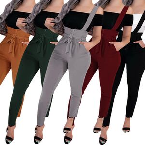 Capris Women Streetwear Długie spodnie Bandaż Projekt Pocket Pockets Decor Wysokie pasty Pencil Spodnie Lady Slim BIOPS Paski na ramię