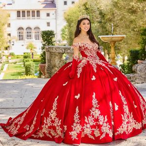 Red Ball Gowns Quinceanera Dresses Beading Off the Shoulder Appliques Bow With Cape Sweetheart Lace Party Princess Vestidos De Fiesta